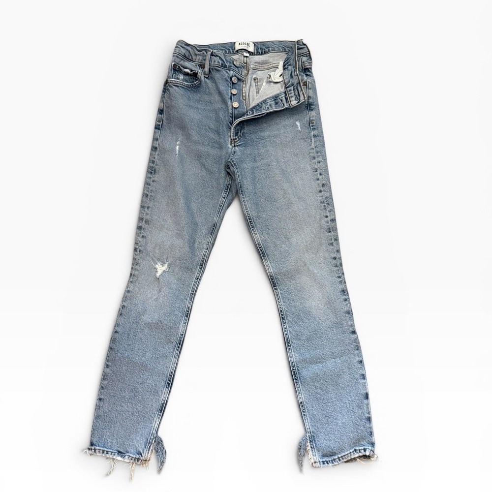AGOLDE Nico High Rise Slim Straight Fringe Hem Button Fly Distressed Jeans SZ 25